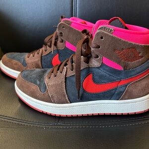 Nike Zoom Air Jordan Women’s Brown and Black Sneakers with Pink Accents